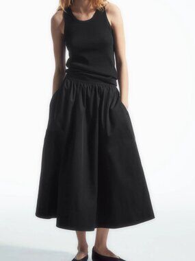 COS Voluminous Midi Skirt Black Cotton Poplin Pockets Minimalist-2 US